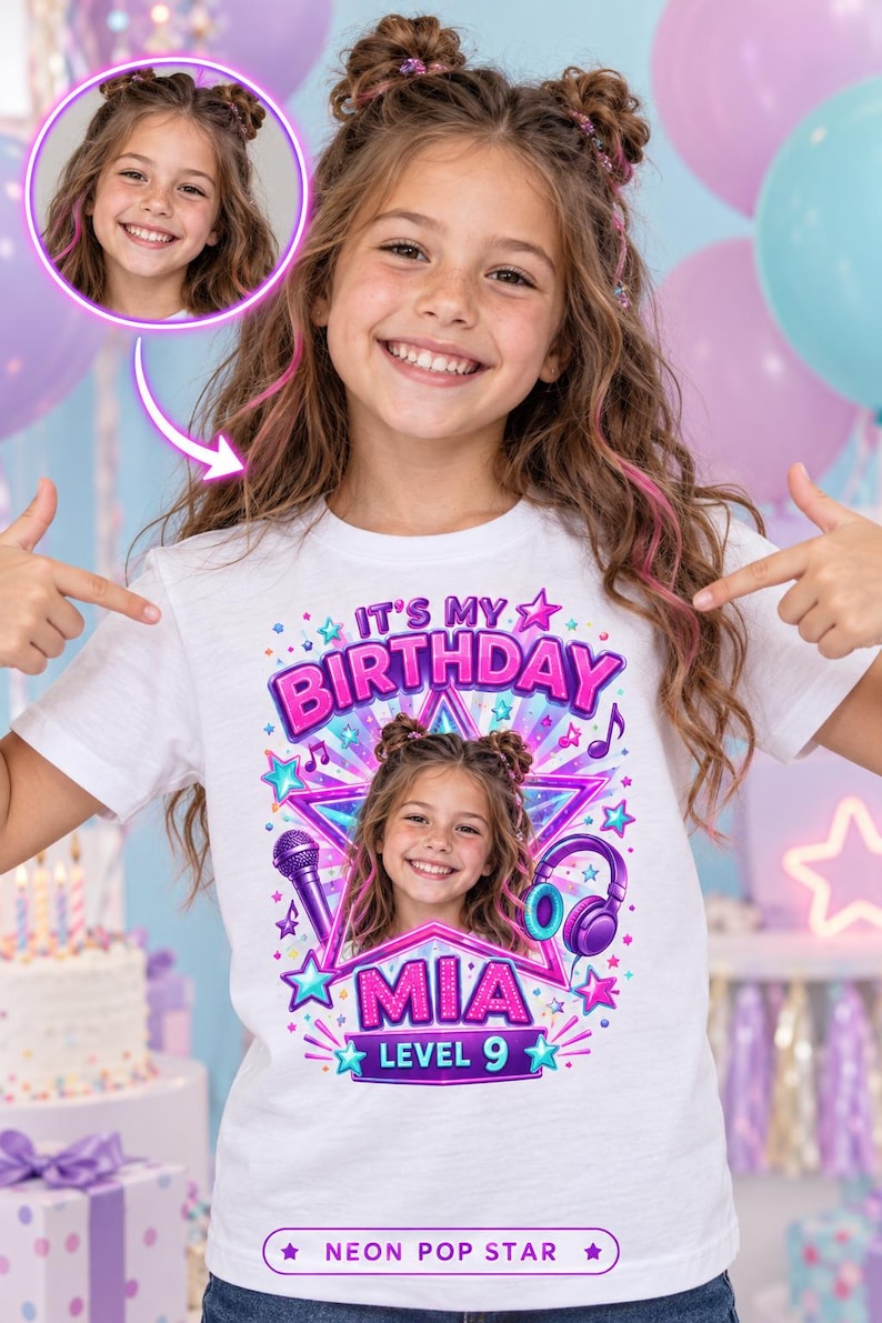 Custom Photo Neon Pop Star Kids T-Shirt