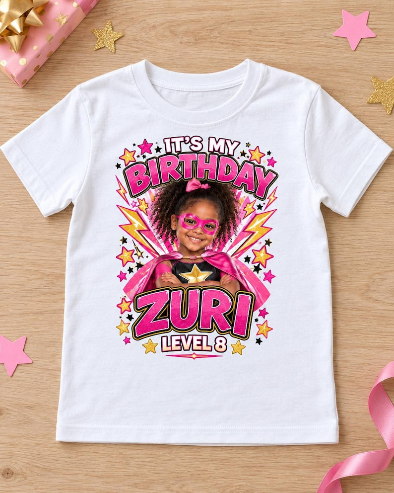 Custom Photo Pink Lightning Hero Kids T-Shirt