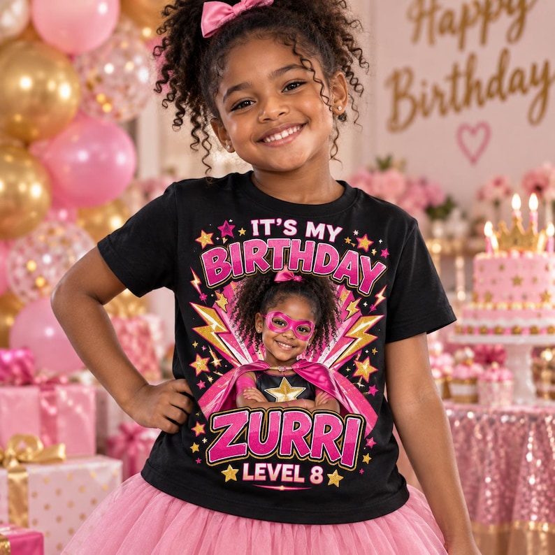 Custom Photo Pink Lightning Hero Kids T-Shirt