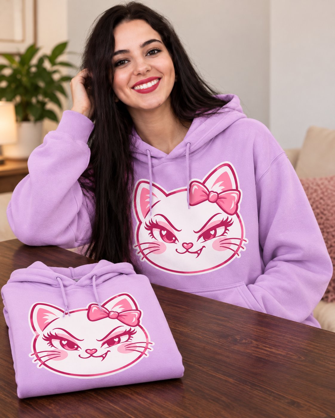 Soso the Cat hoodie in Lavender on model