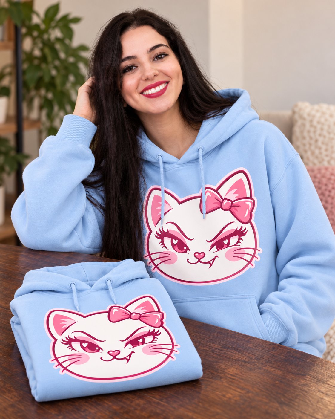 Soso the Cat hoodie in Light Blue on model
