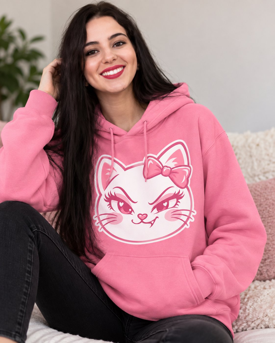 Soso the Cat hoodie in Pink on model