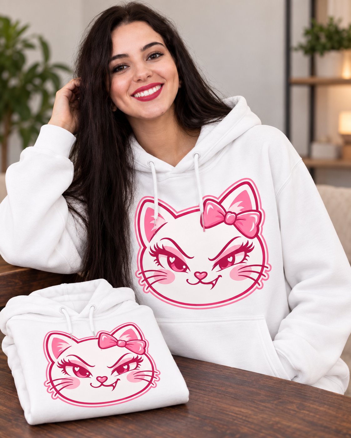 Soso the Cat hoodie in White on model